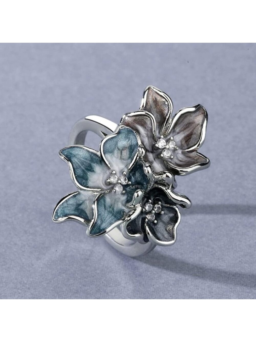 Vintage 925 Sterling Silver Floral Enamel Ring - Elegant Cocktail Jewelry Size
